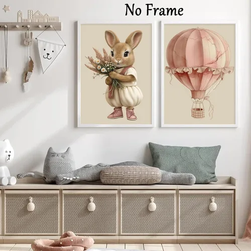 Vista 4 de Lienzo de globo aerostático para pared, diseño de conejito estético rosa, acuarela, cuarto de bebé, arte de pared de gato, conejo con flores