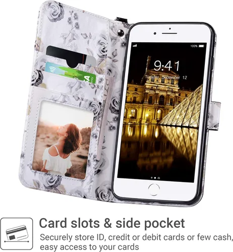 Vista 2 de ULAK Funda tipo cartera compatible con iPhone 8 Plus/7 Plus para mujer, de piel sintética de alta calidad con tarjeteros, función atril, funda Negro