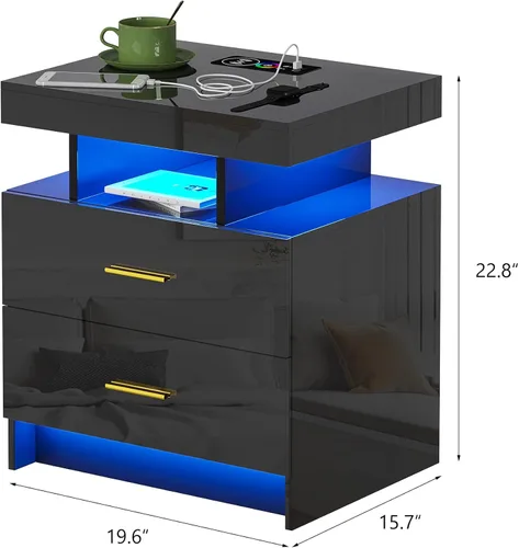 Vista 33 de HNEBC Mesita de noche LED, mesita de noche negra con estación de carga, USB + tipo C + carga inalámbrica, mesita de noche inteligente con sensor