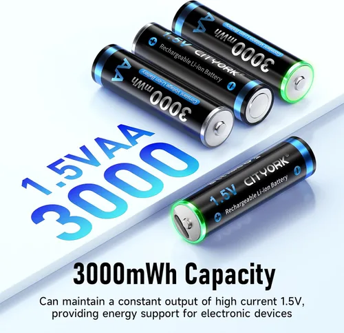 Vista 3 de CITYORK Baterías recargables AA de litio de 3000 mWh, paquete de 8 baterías recargables USB de 1.5 V doble A con cable USB-C, carga rápida de 2
