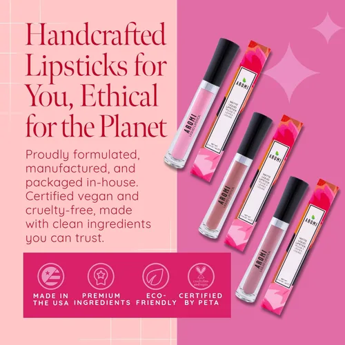 Vista 6 de Aromi Lápiz labial líquido mate, de larga duración, color de labios rosa polvoriento, impermeable, sombra rosa nude, maquillaje vegano, libre