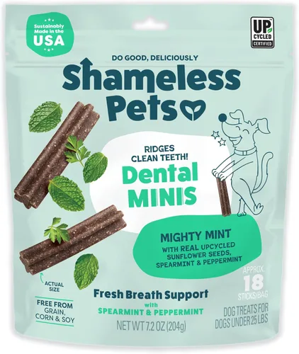 Shameless Pets Mighty Mint Minis - Masticables dentales para perros, golosinas saludables para limpieza de dientes y aliento fresco, sin granos