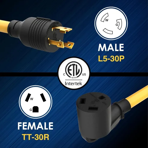 Vista 4 de Adaptador de generador a RV de 30 amperios de servicio pesado L5-30P Twist Lock macho a TT-30R hembra, 1 pie resistente STW 10 AWG para generador a