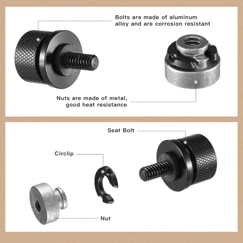Vista 4 de Therwen Kit de 8 tuercas de tornillo de asiento, kit de tuercas de asiento de guardabarros, rosca de 1/4-20, compatible con Harley-Davidson