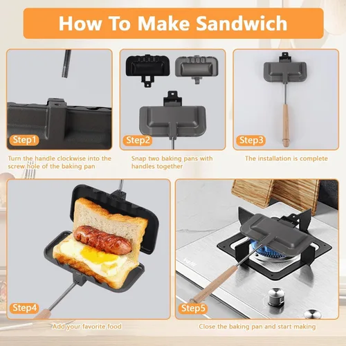 Vista 4 de Sartén para sándwiches de doble cara con asa, sartén de aleación de aluminio para hornear para panqueques esponjosos, tortillas y frittatas