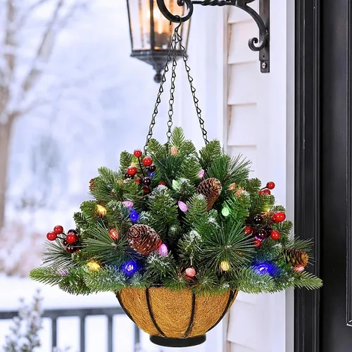 Vista 3 de Assilyraft Cesta colgante de Navidad artificial preiluminada de 18 pulgadas con bayas rojas, conos de pino, 40 luces LED multifuncionales C3