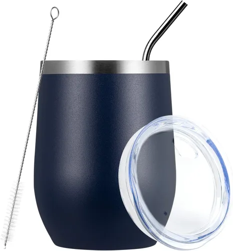 Vista 59 de MEWAY Vaso de vino sin tallo de 12 onzas con tapa, vaso de viaje de acero inoxidable con aislamiento de doble pared al vacío con popote, para Negro
