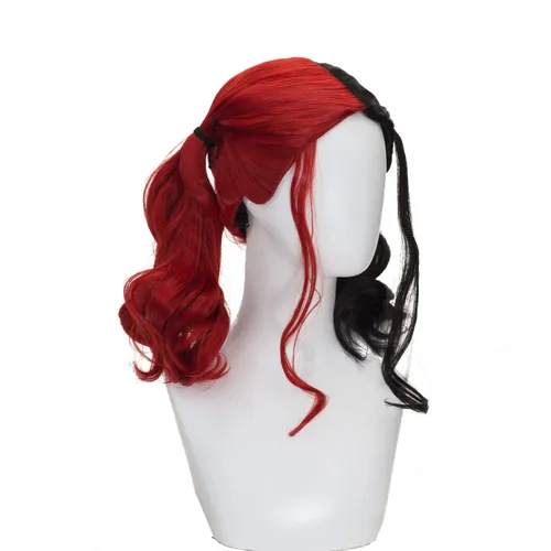 Vista 2 de Peluca negra y roja para mujer, peluca larga ondulada de doble cola de caballo, disfraz de cosplay, Halloween