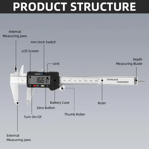 Vista 6 de Calibre digital herramienta de medición, calibre vernier digital de acero inoxidable, calibradores de micrómetro con gran pantalla LCD, función