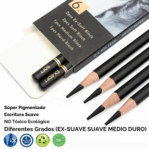 Vista 3 de Brusarth Juego de 6 lápices de carbón profesionales para dibujo, lápices de carbón suaves medianos y duros para dibujar, bocetar, sombrear Negro