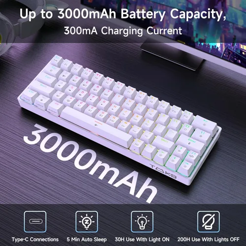 Vista 2 de TMKB T63 - Teclado inalámbrico para juegos, triple modo BT5.02.4GUSB-C, inalámbrico, teclado Bluetooth inalámbrico de 63 teclas, teclado recargable