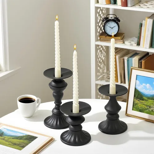 Vista 4 de Juego de 3 portavelas de pilar negro mate, soporte de vela antiguo de metal vintage para pilar y velas LED sin llama, decorativo para centro