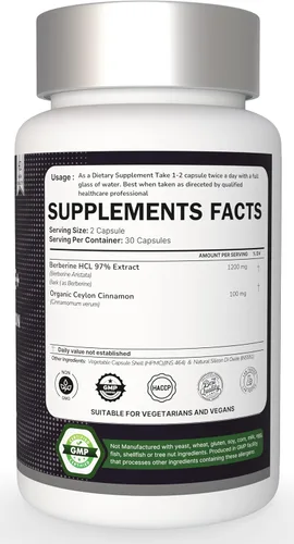 Vista 2 de Berberina prémium con cápsulas de canela de Ceilán, 120 unidades, vegetariana, sin OMG, sin gluten, certificada orgánica