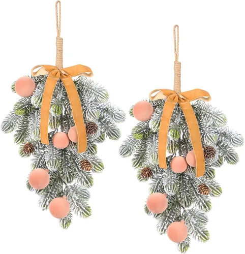 Vista 13 de Super Holiday - Decoraciones de Navidad, 2 piezas de coronas de puerta delantera de plantas verdes artificiales colgantes con lazo