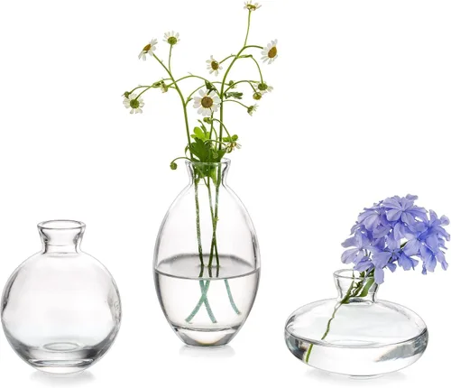 Glasseam Jarrón Bud de Cristal Transparente, 3 Piezas/Juego Jarrones Decorativos Modernos Pequeños Mini para Flores Jarrones Cortos Minimalistas
