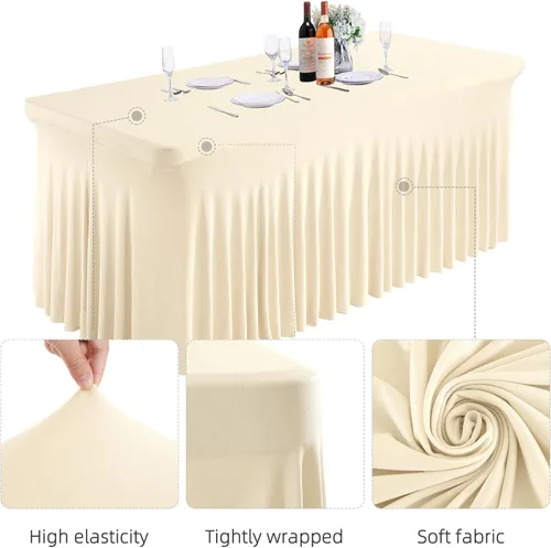 Vista 4 de Faldones de mesa de elastano marfil perlado para mesas rectangulares de 4 pies, mantel plegable elástico marfil perlado para bodas, fiestas