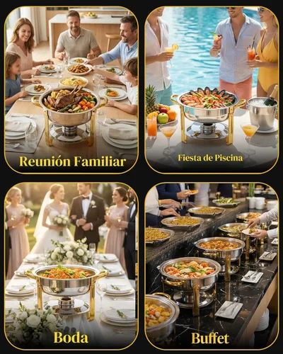 Vista 5 de Juego de 4 platos para bufé, 6 cuartos de galón, platos redondos de acero inoxidable, calentadores de alimentos para bufé, para catering, eventos