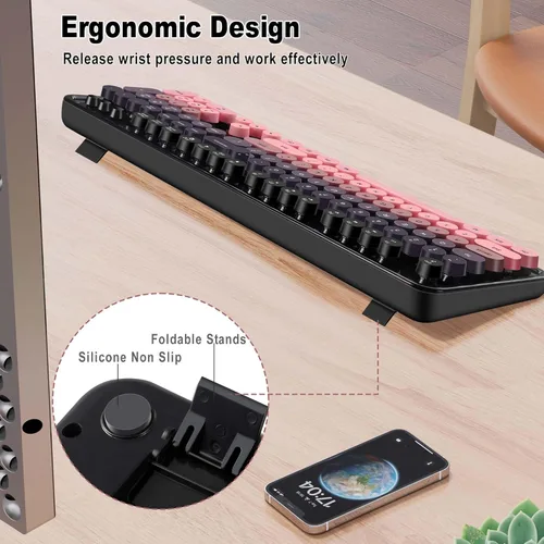 Vista 3 de Kootop - Combo de teclado y mouse inalámbrico, teclado retro colorido lindo con 104 teclas, teclas redondas estilo máquina de escribir para PC