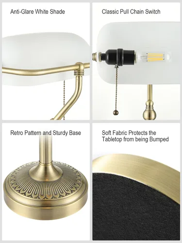 Vista 6 de Newrays Lámpara de Escritorio Tradicional de Banquero de Vidrio con Interruptor de Cadena y Enchufe