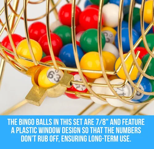 Vista 6 de Regal Bingo - Juego de bingo profesional con jaula de rueda de 11 pulgadas, 75 bolas de bingo, tablero maestro, 18 tarjetas de bingo y 25 tarjetas