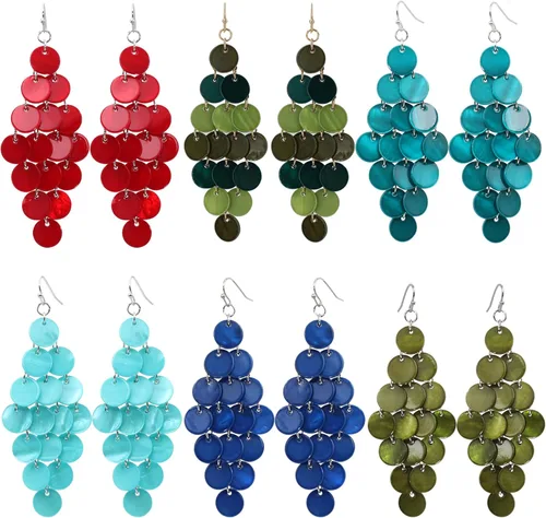 Vista 9 de Aretes colgantes en capas con cuentas de disco hechos a mano, multicolor, naranja, rojo, azul, para mujer