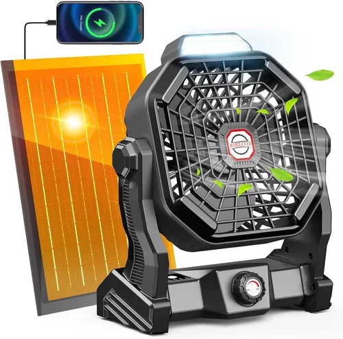 Vista 13 de Ventilador recargable con energía solar, (30 horas de funcionamiento) ventiladores de camping solares y linterna LED, ventilador portátil de 8