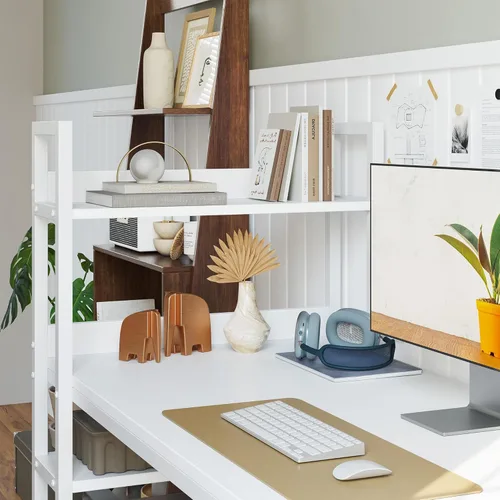 Vista 6 de CubiCubi Escritorio para computadora de 47 pulgadas con estantes de almacenamiento, mesa de estudio para oficina en casa, estilo moderno y simple