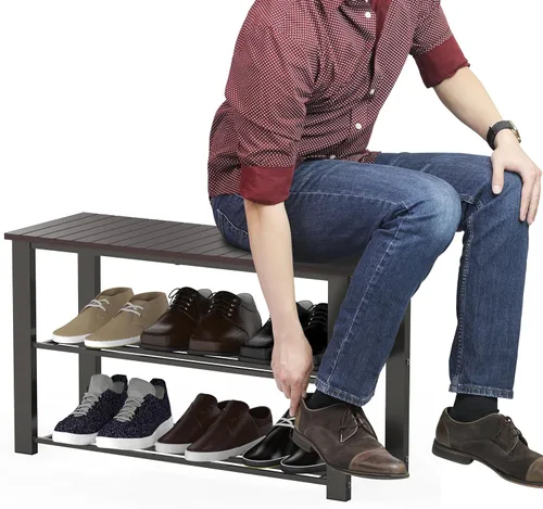 Vista 4 de Simple Houseware Banco de almacenamiento de zapatos con tapa de madera para entrada, marrón oscuro