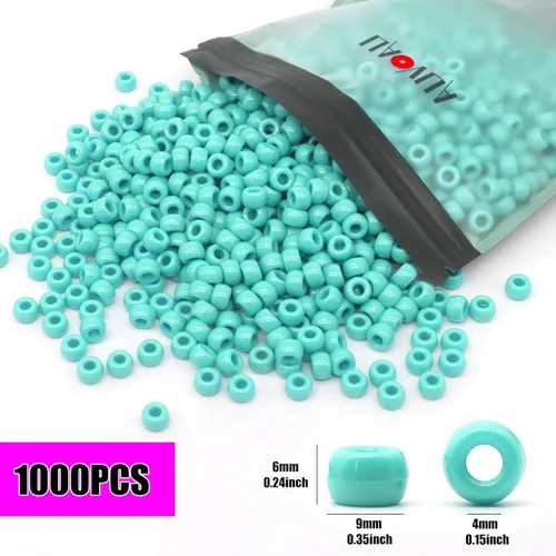 Vista 2 de 1000 piezas Cuentas de pony de 9 mm Turquesa Cuentas de plástico Barril de Turquesa para Pulsera, Cuentas de pelo para Trenzas, Llavero, Fabricación
