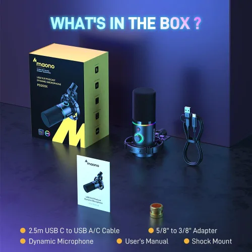 Vista 9 de MAONO XLR/USB - Micrófono dinámico para juegos RGB con software, silencio, perilla de ganancia, control de volumen y conector para auriculares