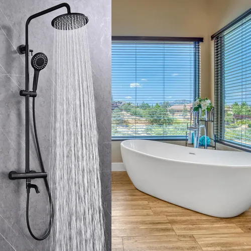 Vista 6 de Sistema de ducha termostático negro mate, montaje en pared, válvula de ducha termostática de latón de triple función, con cabezal de ducha de 8