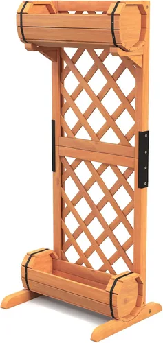 Vista 9 de Giantex Cama de jardín elevada con 2 macetas de barril y enrejado, cama elevada de madera independiente de 2 niveles para vid, verduras, flores