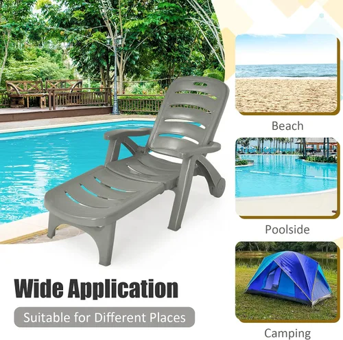 Vista 8 de Tangkula Tumbona para exteriores, silla reclinable ajustable de 5 posiciones con ruedas integradas, resistente a la intemperie, plegable, para Gris