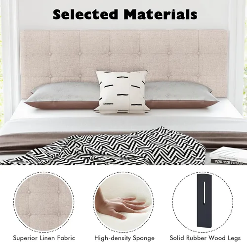 Vista 6 de Giantex Cabecera tapizada de lino, cabecera capitoné de ancho ajustable con botones solo con patas de madera maciza, marco de fijación, cabeceras