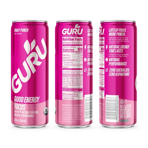 Vista 9 de GURU Fruit Punch - Bebidas energéticas orgánicas, bebida energética limpia con cafeína natural a base de plantas de té verde + enfoque con L