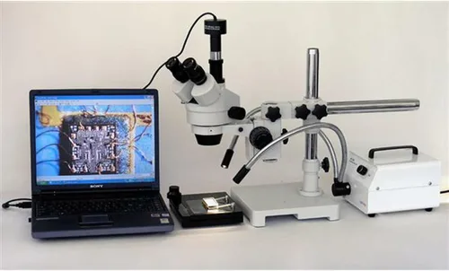 Vista 5 de AmScope Microscopio de zoom estéreo trinocular profesional SM-3TX, oculares WH10x, aumento de 3.5X-45X, objetivo de zoom 0.7X-4.5X, iluminación