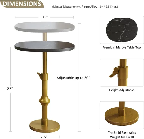 Vista 3 de WHGBJA Mesa de bebida de mármol, mesa de Martini de 10 x 12 pulgadas (22 ~ 30 pulgadas) con base de soporte ajustable de latón antiguo de metal