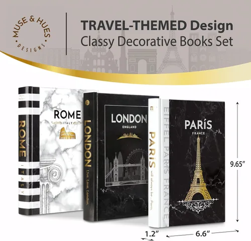 Vista 2 de Libros decorativos para decoración del hogar, decoración de libros falsos de tapa dura, títulos de estampado de lámina dorada, juego de 3, como