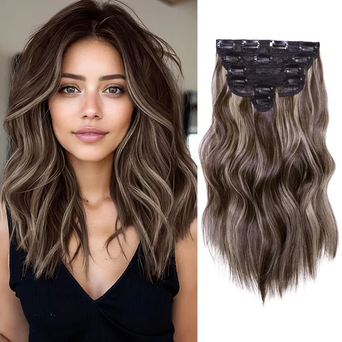 Vista 16 de NAYOO Extensiones de cabello con clip, de 20 pulgadas, largo, ondulado, rizado, rubio ceniza, extensiones de cabello sintético de cabeza completa