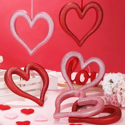 Vista 4 de Aneco 8 adornos colgantes de corazón para el día de San Valentín para árbol de 9.45 pulgadas, decoraciones 3D en forma de corazón, corona