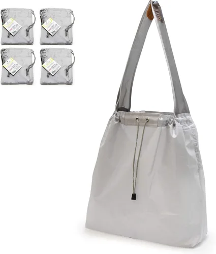 Vista 9 de Paquete de 4 bolsas de compras plegables de nailon Ripstop reutilizables con bolsa y bolsillo interior, cordón