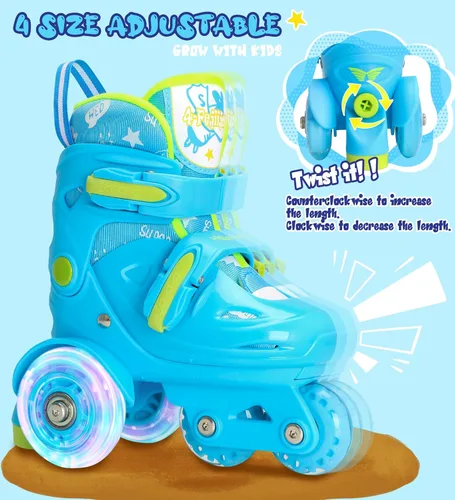 Vista 5 de Patines de ruedas ajustables para niños, niñas y señoras con ruedas que se iluminan con flash (edad 3-9), equilibrio de tres puntos, empaque de caja