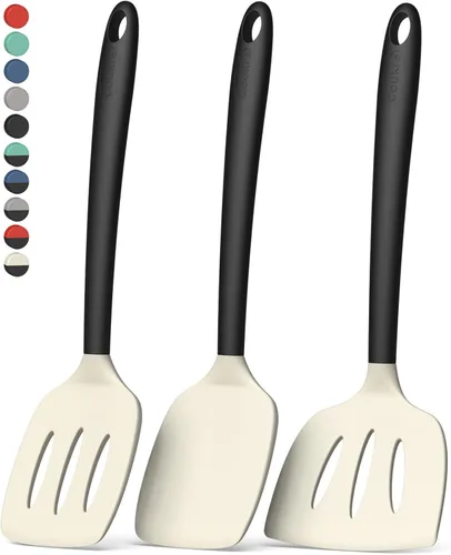 Vista 11 de Coukre Juego de 3 espátulas de silicona, resistentes a altas temperaturas, sin BPA, espátulas para pescado, mango sólido y ranurado para sartenes