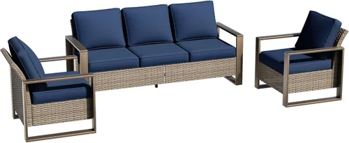 Vista 46 de Sofá de Mimbre Metálico para Patio de 75", Sofá Sillón de Ratán para Exteriores de 3 Asientos para Todo Tipo de Clima con Cojines Premium