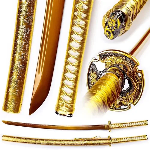 Vista 2 de Katana de dragón de oro hecha a mano de acero de alto carbono, espada samurái japonesa de espiga completa, espada realmente afilada lista
