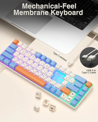 Vista 4 de Teclado 60%, teclado para juegos retroiluminado RGB con cable USB-C, portátil de 68 teclas, mini teclado compacto para viajes de negocios, oficina