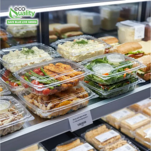 Vista 4 de EcoQuality Recipiente de plástico transparente con tapa con bisagras, 8 x 8 x 2 pulgadas, recipiente para llevar con un solo compartimento