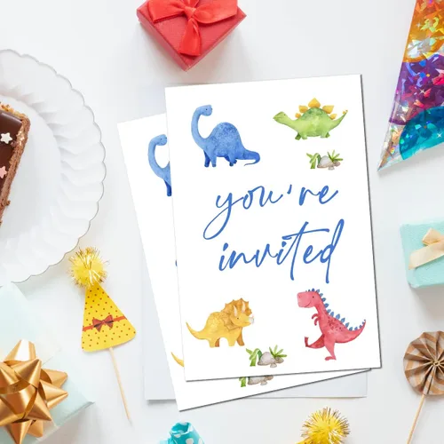 Vista 5 de Soiceu Juego de 20 invitaciones para fiesta de tercer cumpleaños con sobres de dinosaurio 3-Rex de acuarelas
