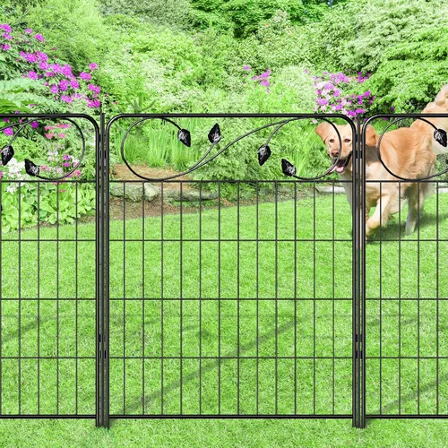 Vista 12 de FOREHOGAR Valla decorativa de metal para jardín, 24 pulgadas de alto x 10 pies de largo, 5 paneles de hojas negras a prueba de óxido, valla