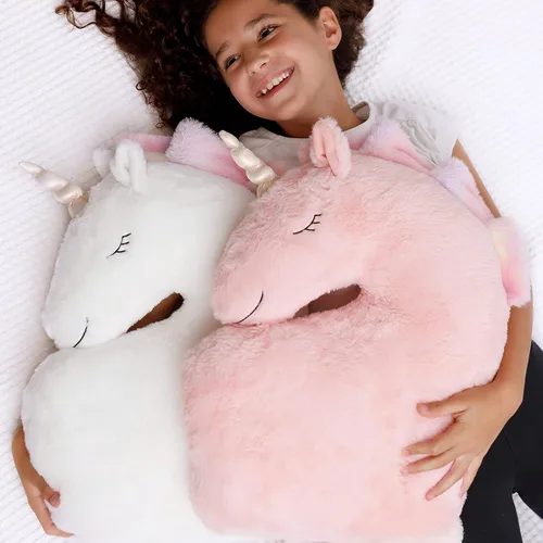 Perfectto Design Juego de 2 almohadas decorativas de unicornio para la habitación de las niñas y los niños, felpa esponjosa blanca y rosa para bebé,